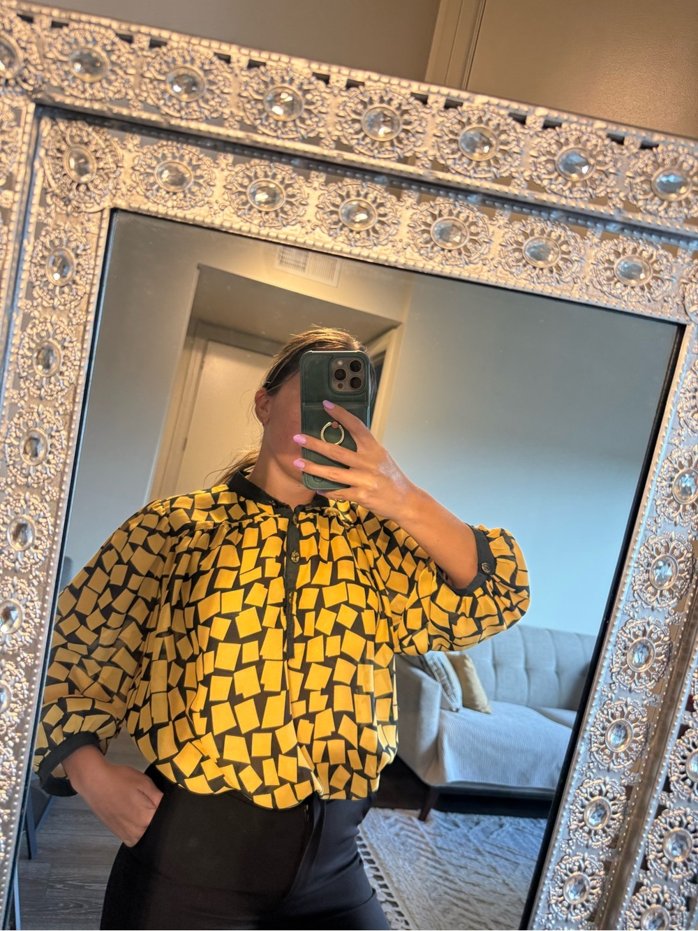 Vintage Yellow and Black Geometric Puff-Sleeve Blouse